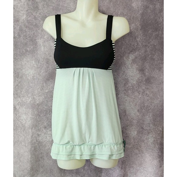 Lululemon‎ Run Back On Track Tank Top 8 Black Mint Green Striped Drawstring Yoga - Picture 1 of 12